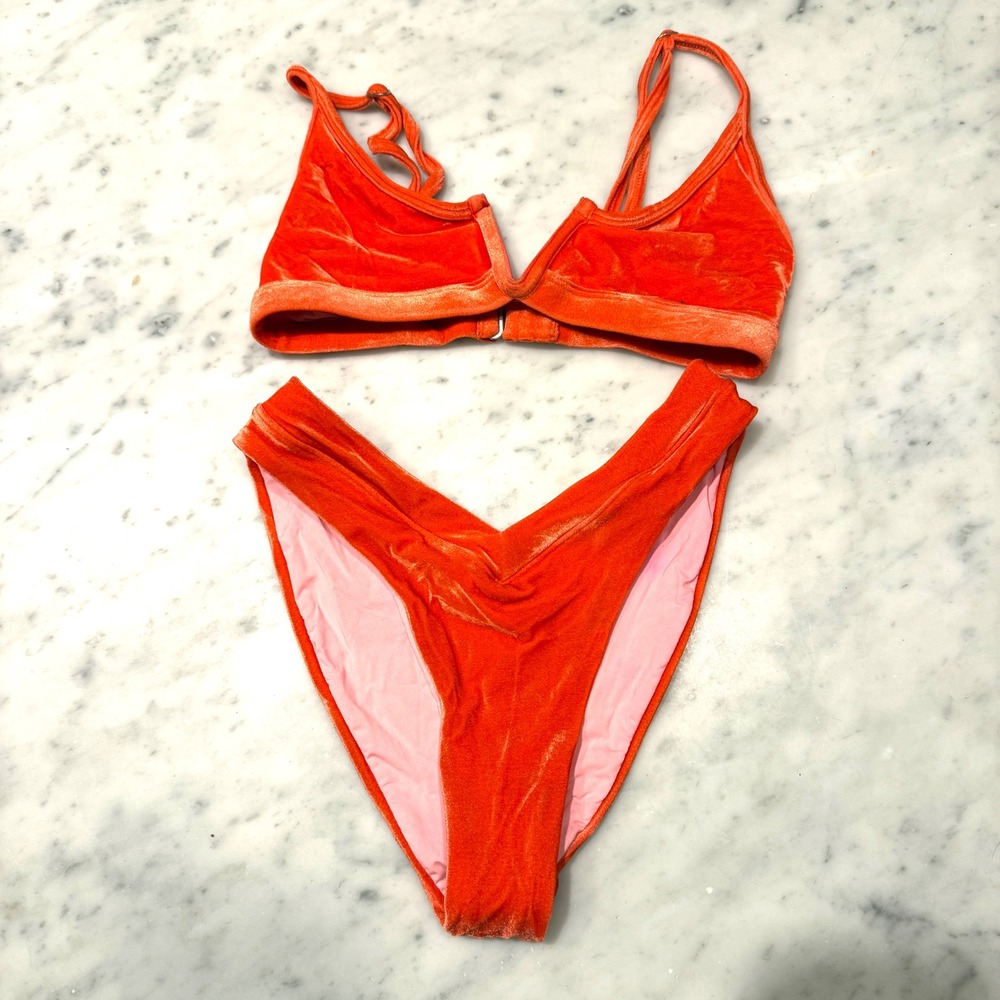 ONEONE NEON Orange Velvet V-Wire Bikini Set High Cut Cheeky Two Piece Small